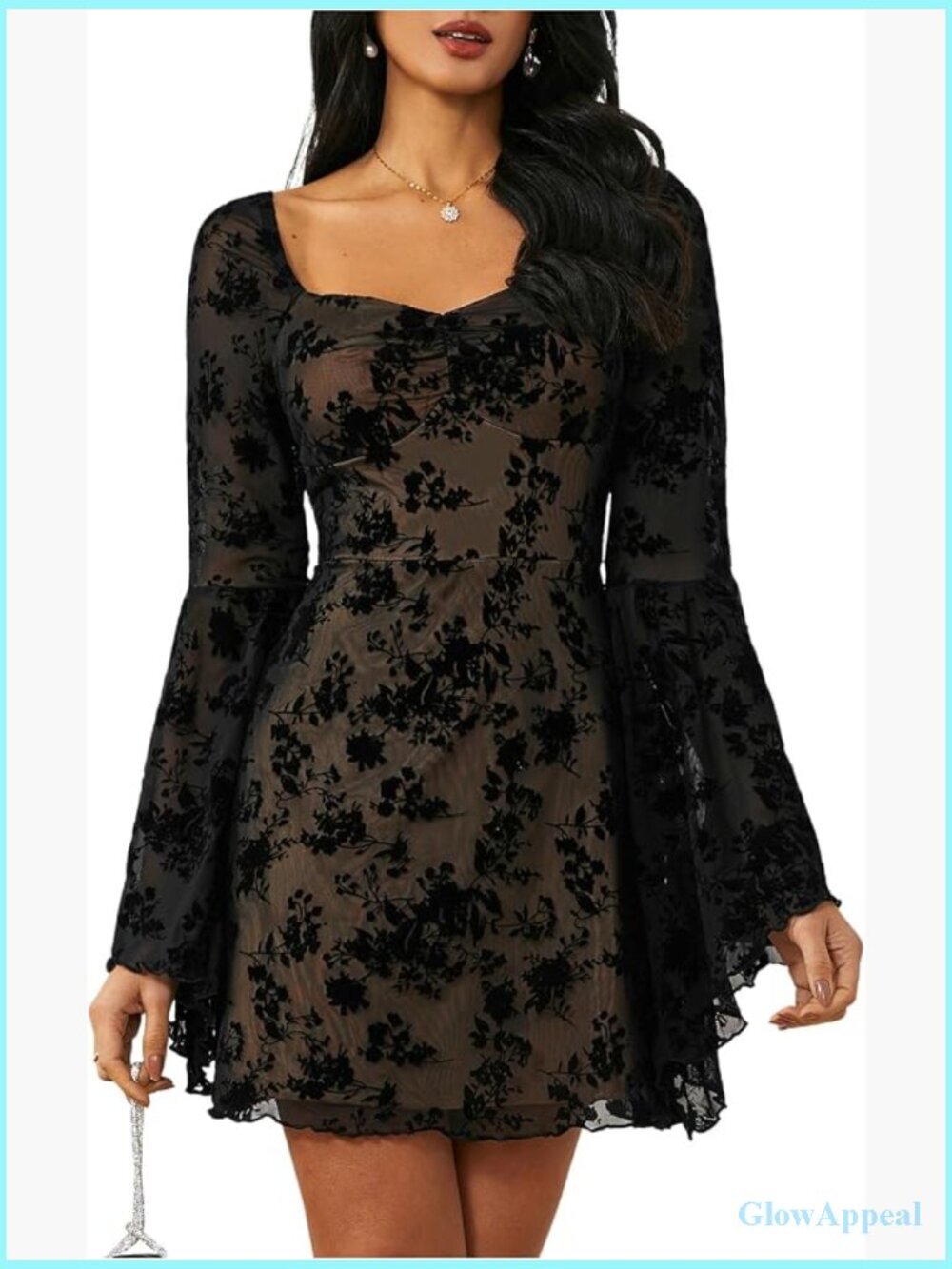 Floral Jacquard Mesh Gothic Bell Long Sleeve A-Line Vintage Dress